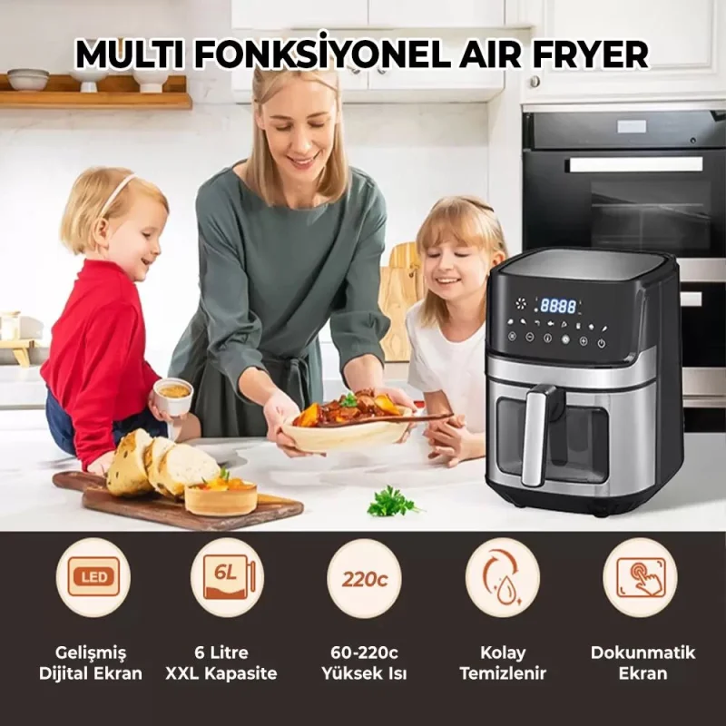 Kings 6 Litre XXL Şeffaf Air Fryer Sıcak Hava Fritözü